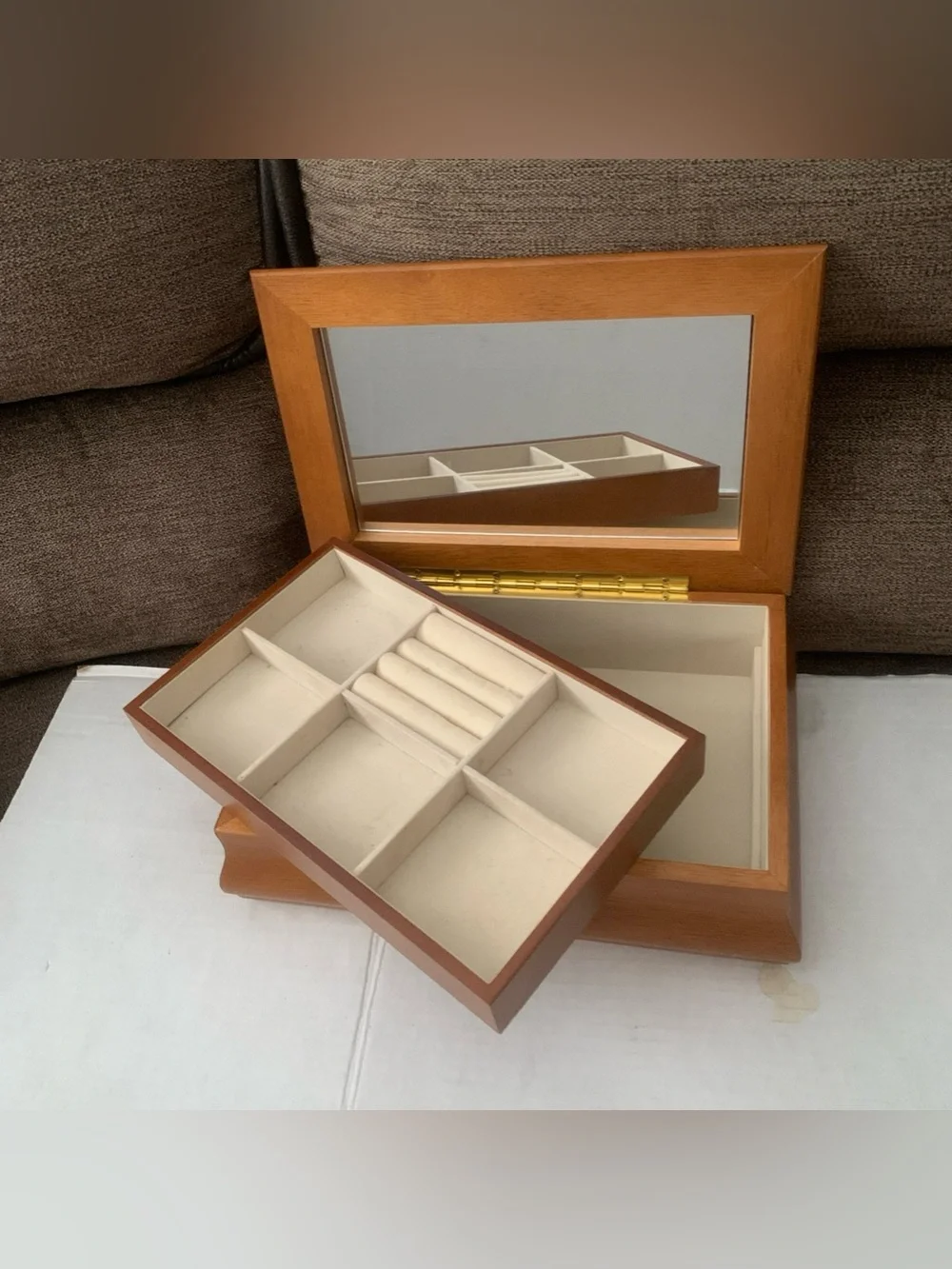 Vintage Maple Jewelry Box Organizer Mirror Burled Top Cream Velvet Dividers EUC